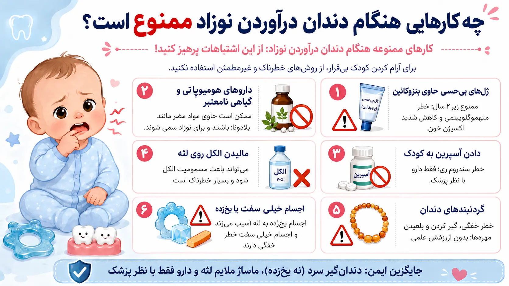 کارهای ممنوعه هنگام دندان درآوردن نوزاد و اشتباهات خطرناک برای تسکین درد لثه