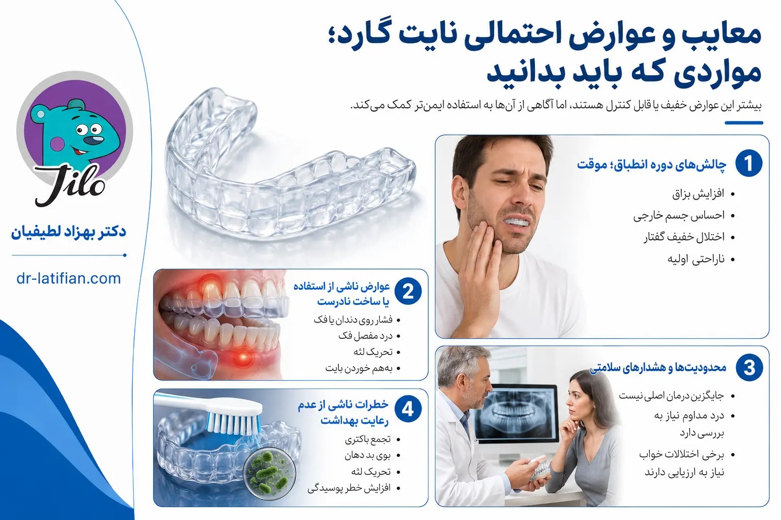 معایب و عوارض احتمالی نایت گارد شامل ناراحتی اولیه، تغییر بزاق، خستگی فک، اختلال بایت و مشکلات بهداشتی