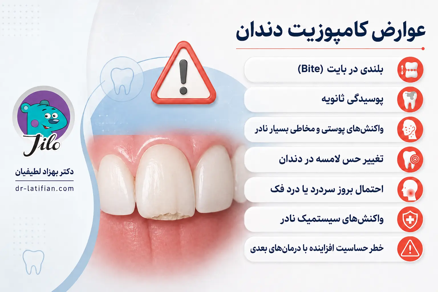 عوارض احتمالی کامپوزیت دندان شامل بلندی بایت، پوسیدگی ثانویه، درد فک و حساسیت دندانی
