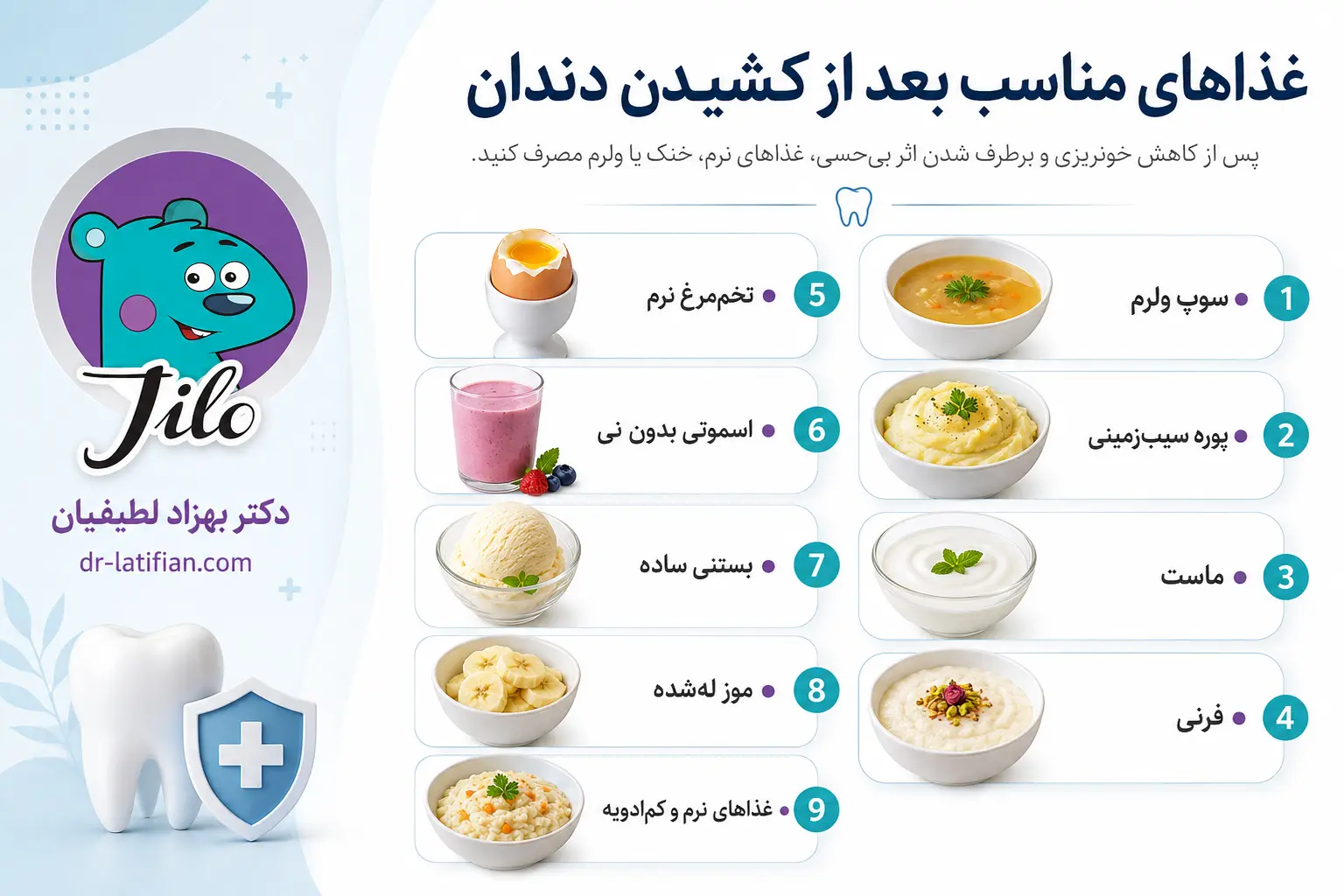 غذاهای مناسب بعد از کشیدن دندان شامل سوپ ولرم، پوره سیب‌زمینی، ماست، فرنی و غذاهای نرم