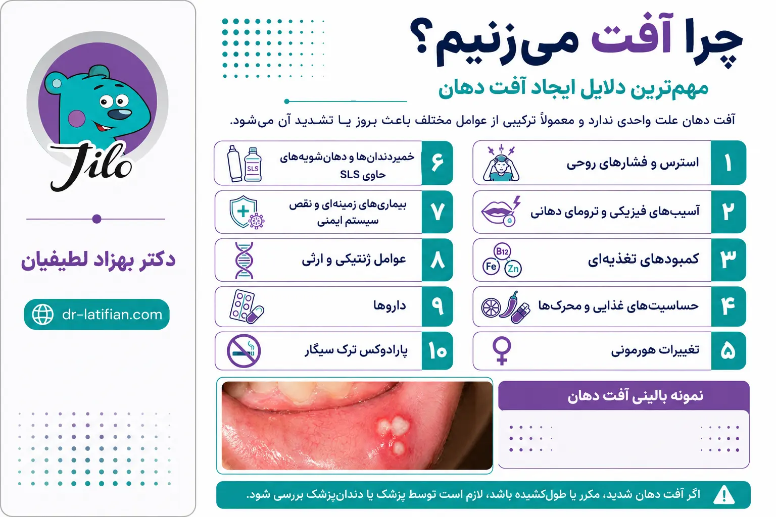 علت‌های ایجاد آفت دهان شامل استرس، آسیب مخاط دهان، کمبود مواد مغذی، غذاهای محرک و بیماری‌های زمینه‌ای