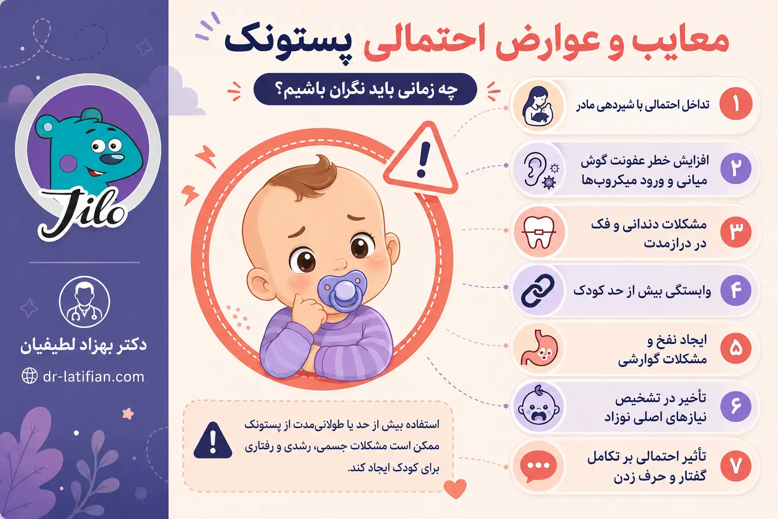 معایب و عوارض احتمالی پستانک در نوزادان شامل اختلال شیردهی، عفونت گوش و مشکلات دندانی