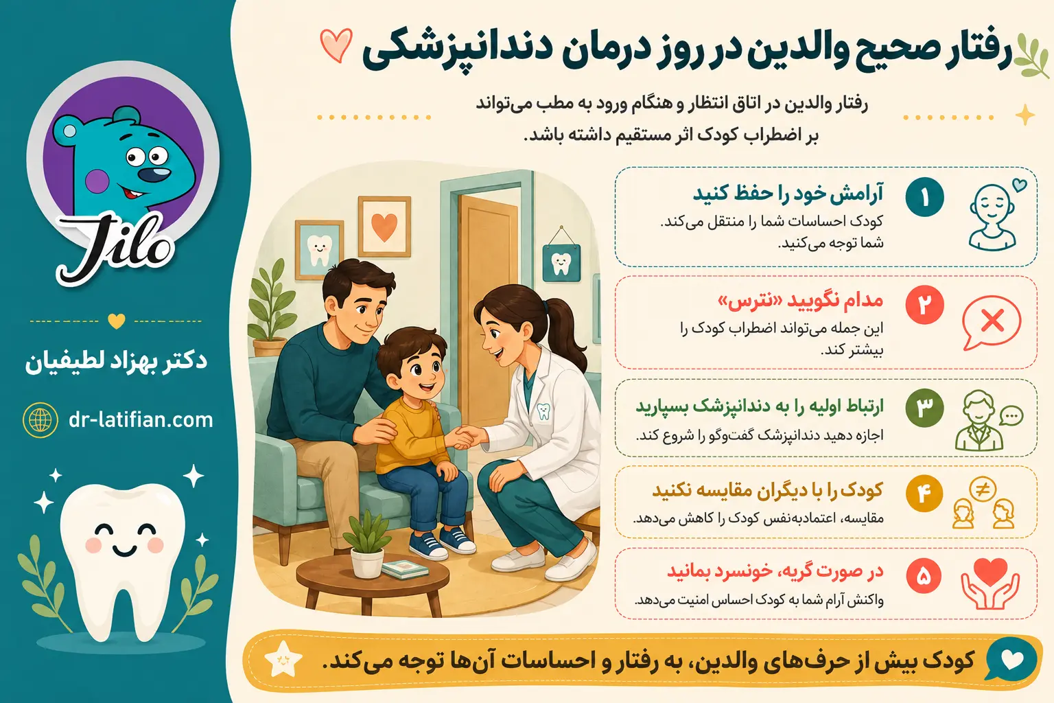 رفتار آرام و حمایتگر والدین در روز مراجعه کودک به دندانپزشکی برای کاهش اضطراب و افزایش همکاری