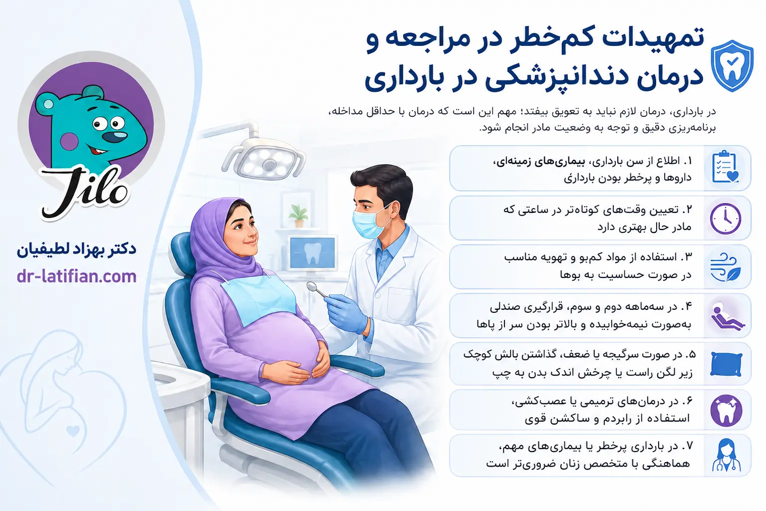 تمهیدات کم‌خطر در درمان دندانپزشکی در بارداری شامل وضعیت مناسب روی صندلی، نوبت کوتاه و کنترل تهوع