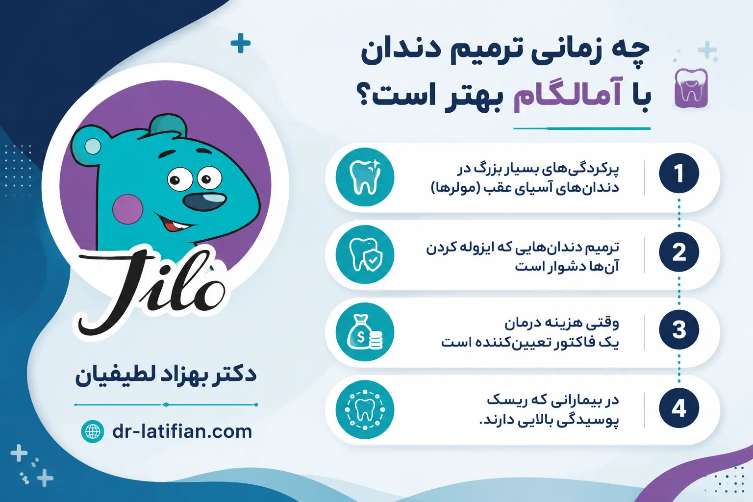 زمان مناسب برای ترمیم دندان با آمالگام؛ کاربرد در پرکردگی‌های بزرگ، نواحی دشوار برای خشک کردن و بیماران با ریسک پوسیدگی بالا
