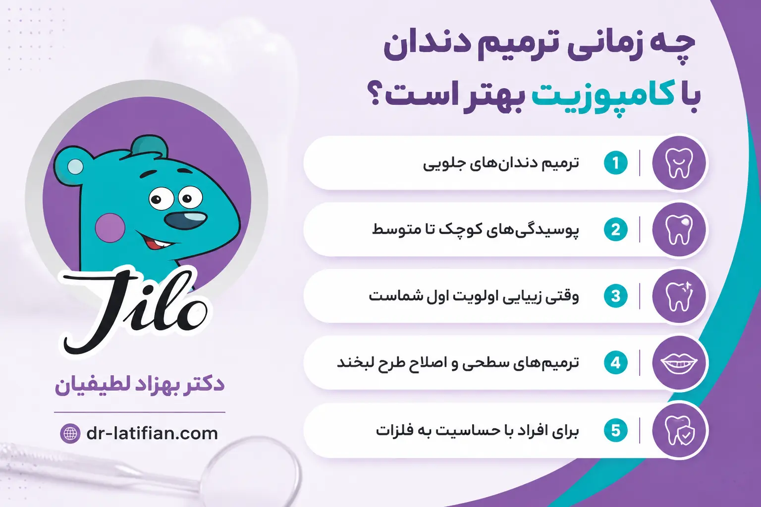 زمان مناسب برای ترمیم دندان با کامپوزیت؛ کاربرد در دندان‌های جلویی، پوسیدگی‌های کوچک، اصلاح طرح لبخند و حساسیت به فلزات