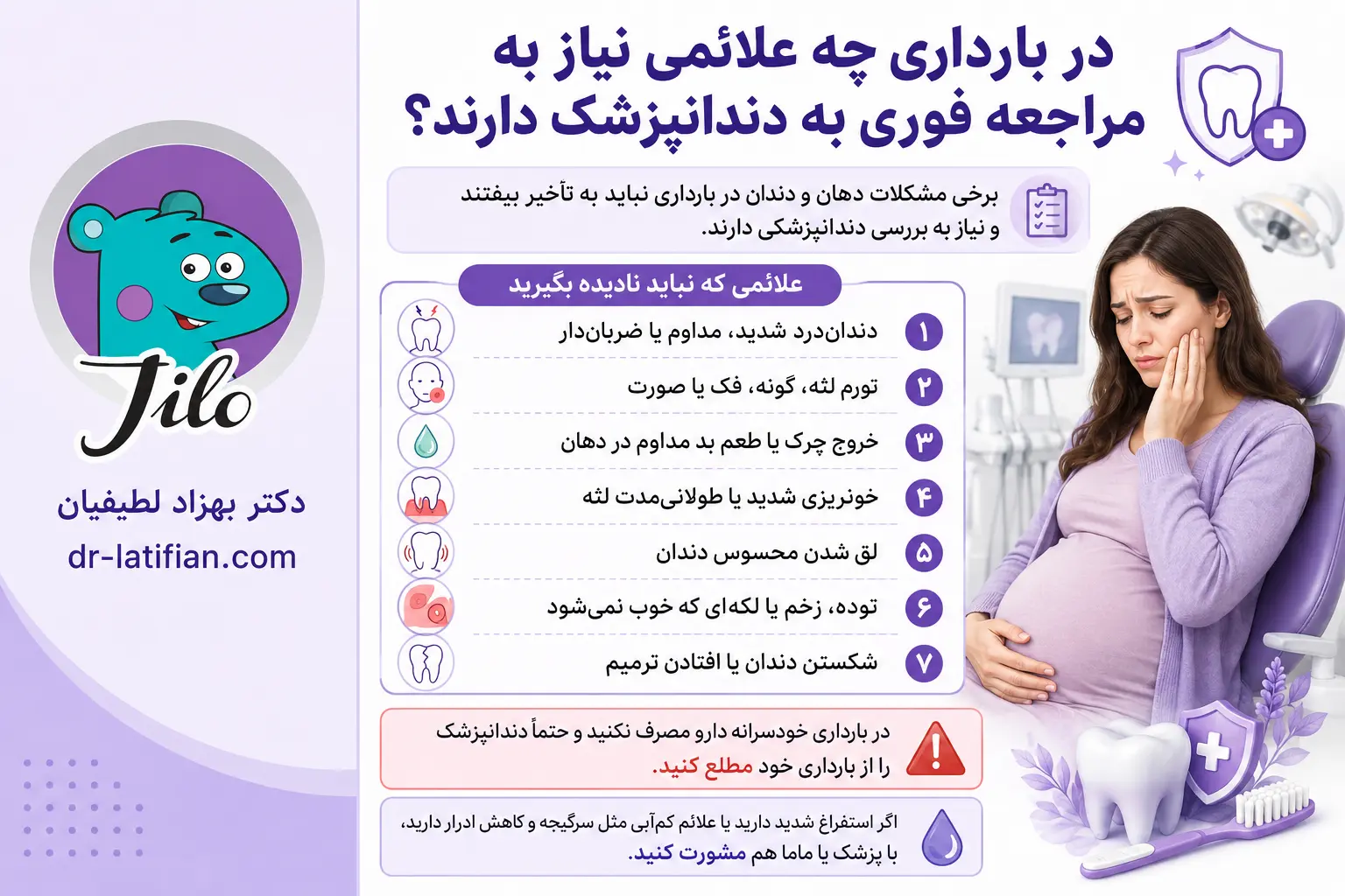 زمان مراجعه به دندانپزشک در بارداری شامل دندان‌درد شدید، تورم صورت، خونریزی لثه، عفونت و توده دهانی