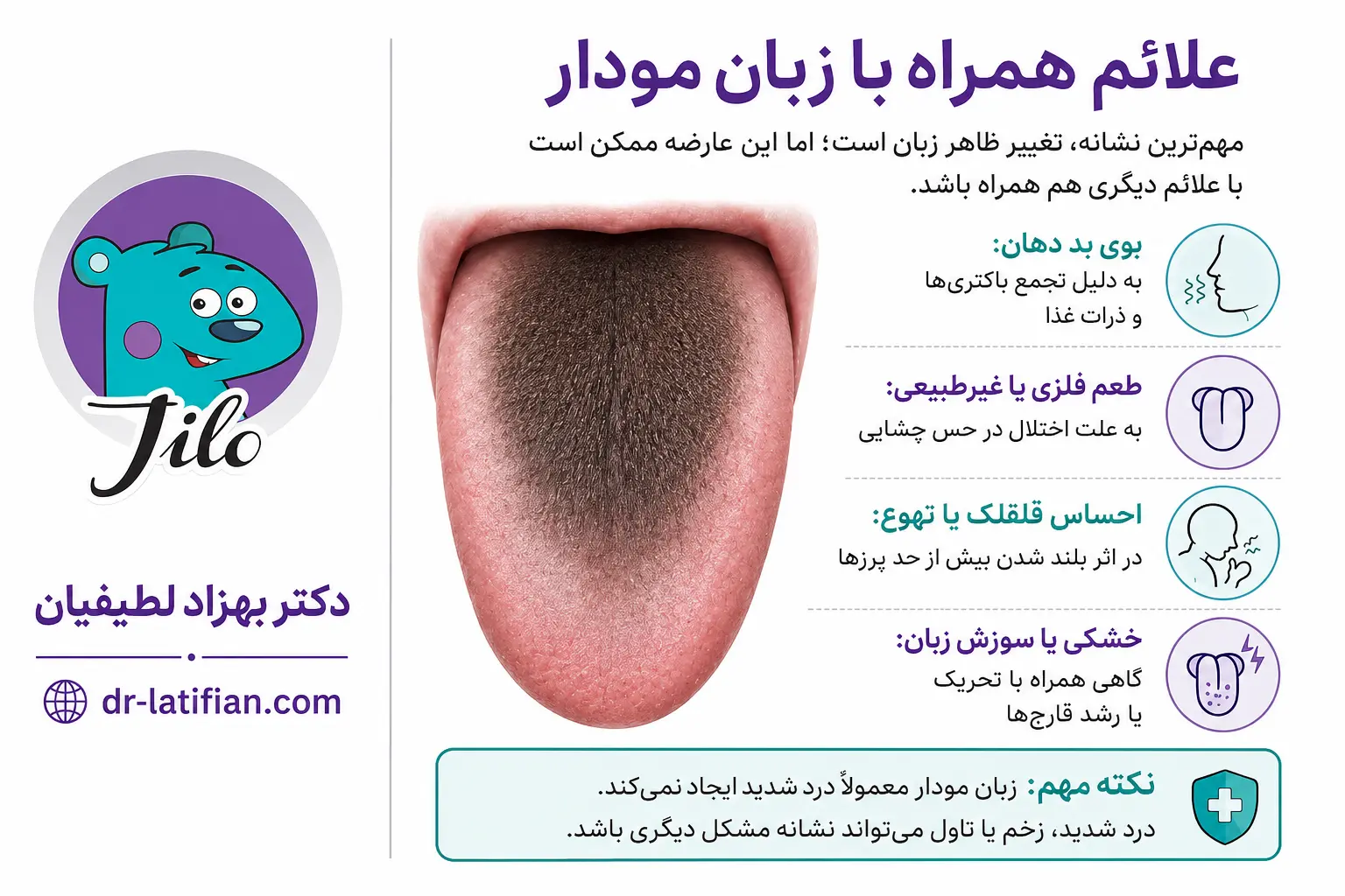 علائم همراه با زبان مودار مانند بوی بد دهان و تغییر رنگ زبان