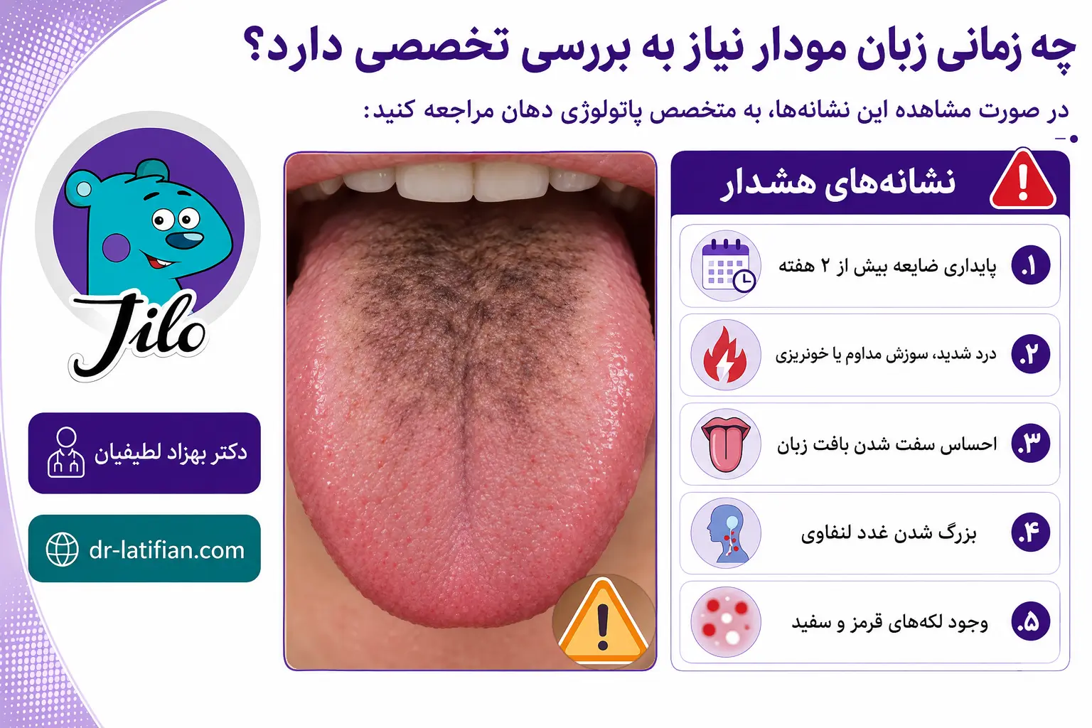 علائم هشداردهنده زبان مودار شامل ماندگاری بیش از دو هفته، درد، خونریزی و لکه‌های قرمز و سفید