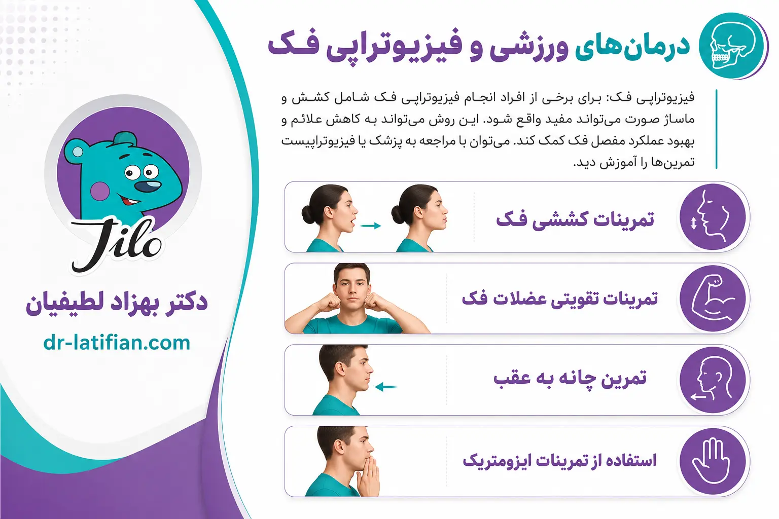 تمرینات فیزیوتراپی فک شامل کشش، تقویت عضلات و حرکت چانه به عقب