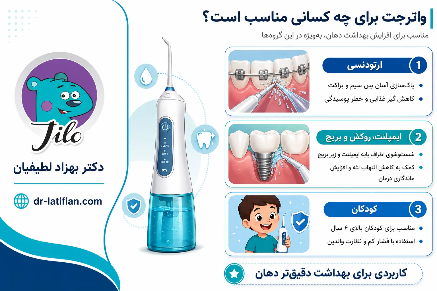 واترجت دندان مناسب برای افراد دارای ارتودنسی، ایمپلنت، روکش، بریج و کودکان بالای ۶ سال