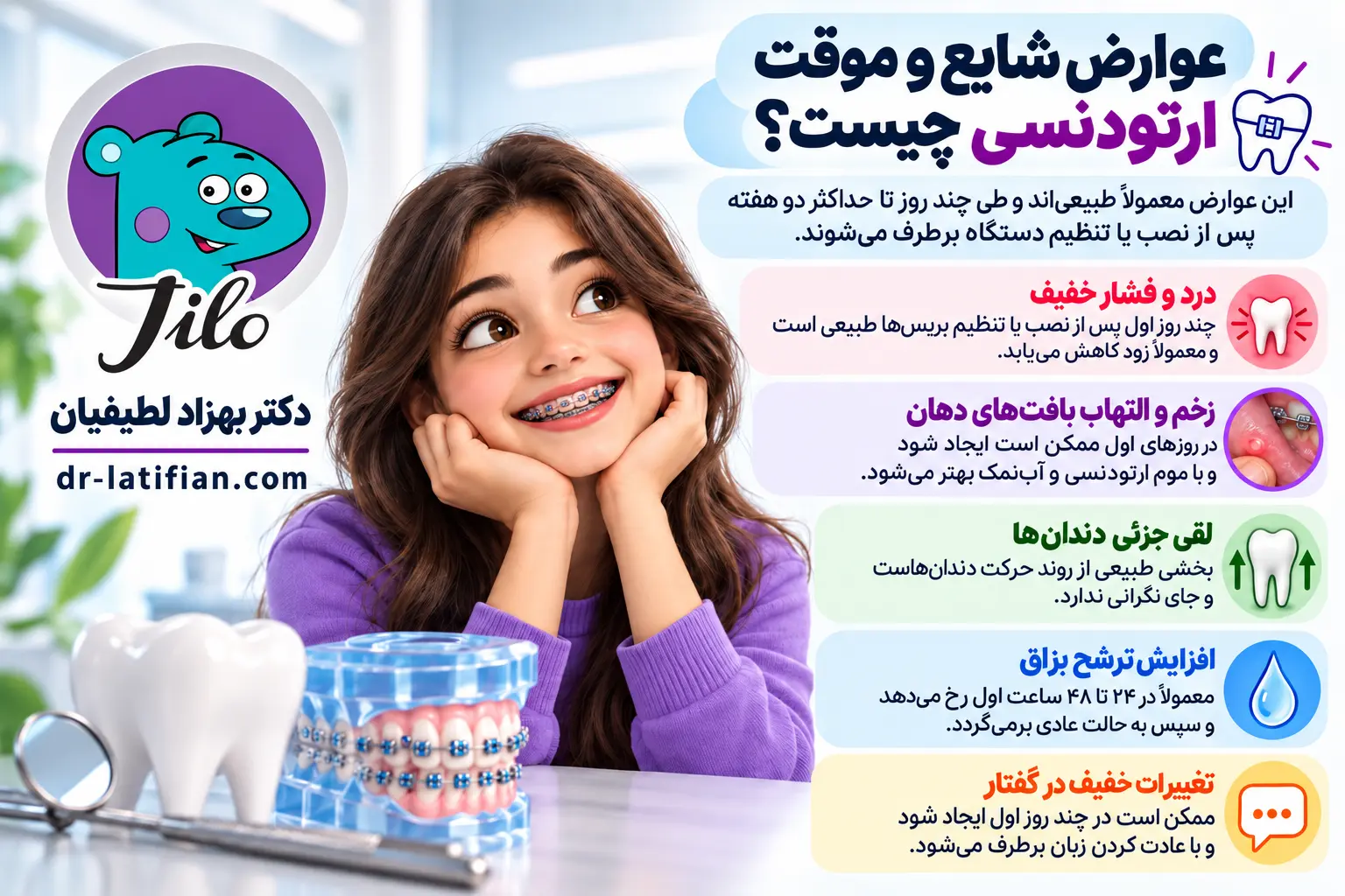عوارض موقت ارتودنسی شامل درد، زخم دهان، لقی خفیف دندان، افزایش بزاق و تغییر گفتار