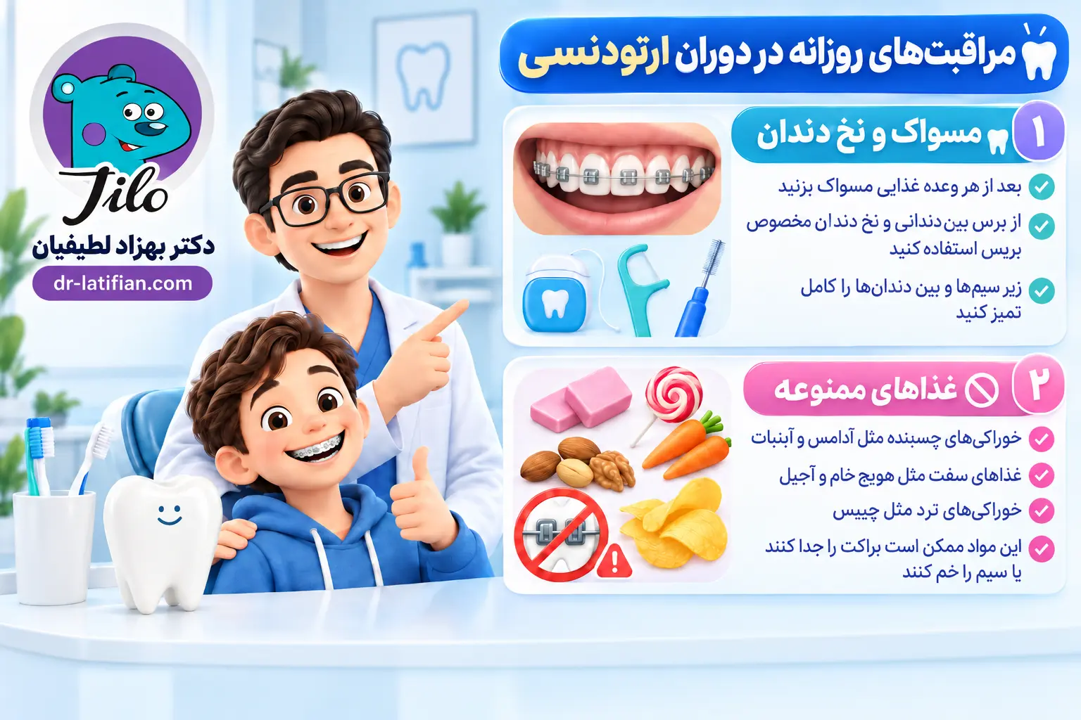 مراقبت‌های روزانه در دوران ارتودنسی شامل مسواک، نخ دندان مخصوص بریس و پرهیز از غذاهای سفت و چسبنده